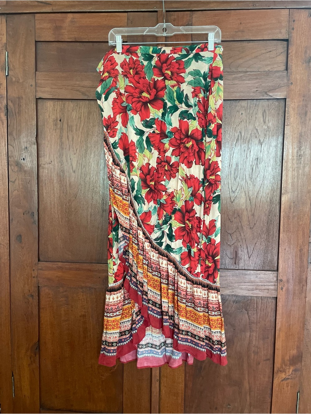Farm rio Anthropologie Floral Tiered Maxi Skirt in Pink and Green